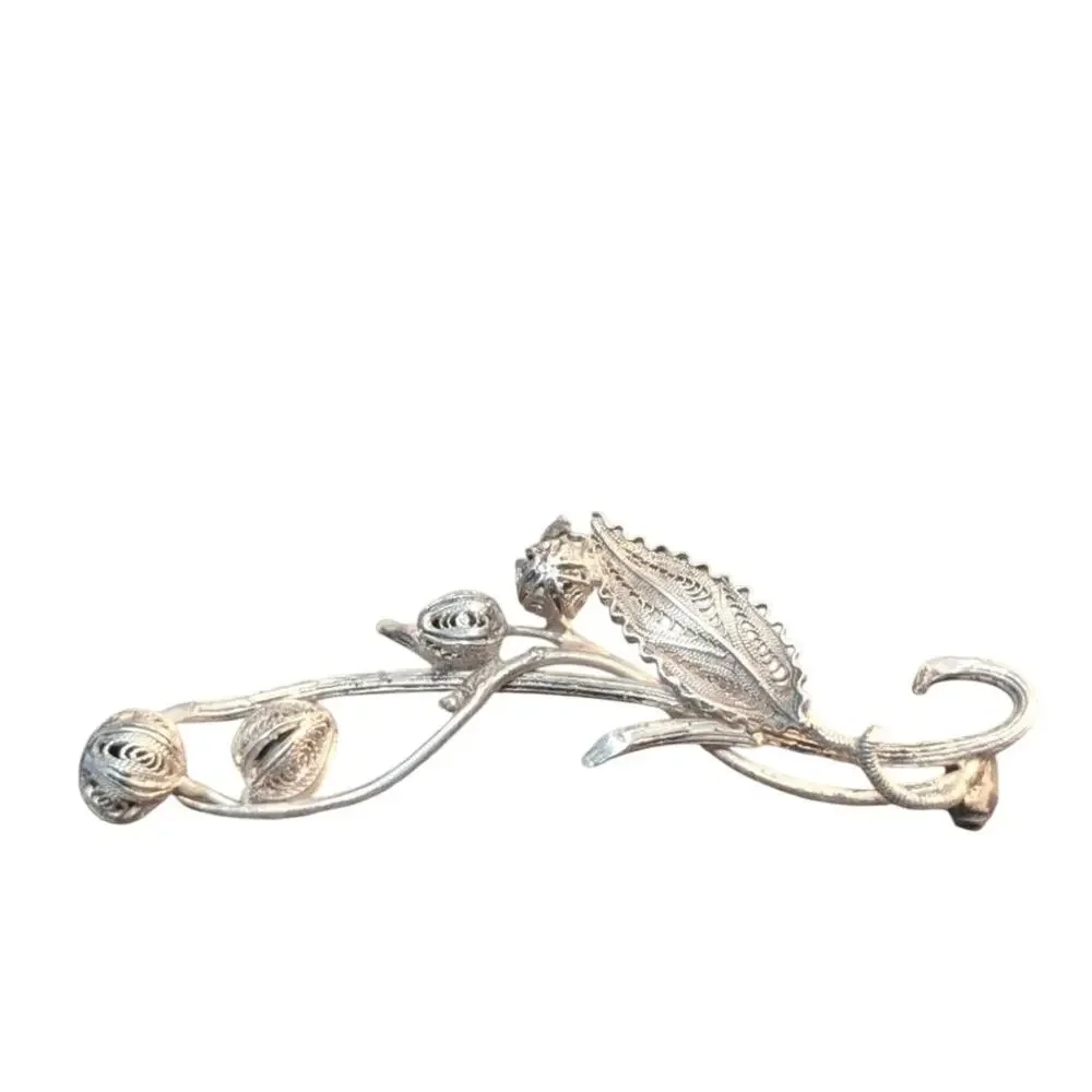 Antique HandMade Filigree 800 Silver Leaf & Flower Bud Hook Clasp Brooch